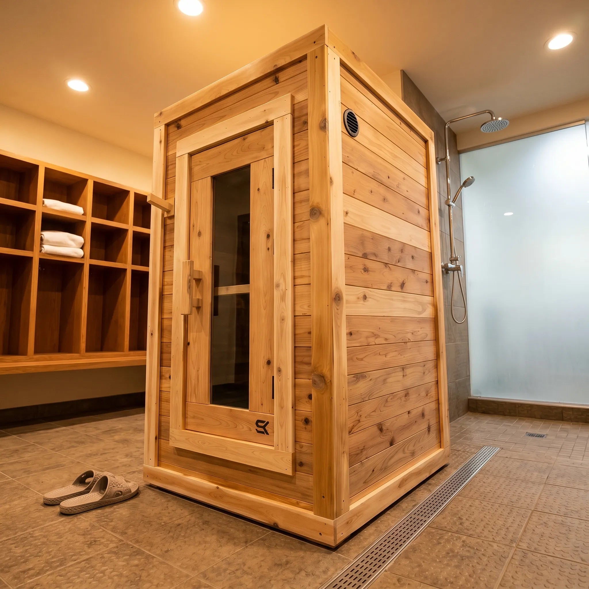 The Sweat Box one-person cedar sauna in a spa shower room with towel cubbies and stone tile floor.