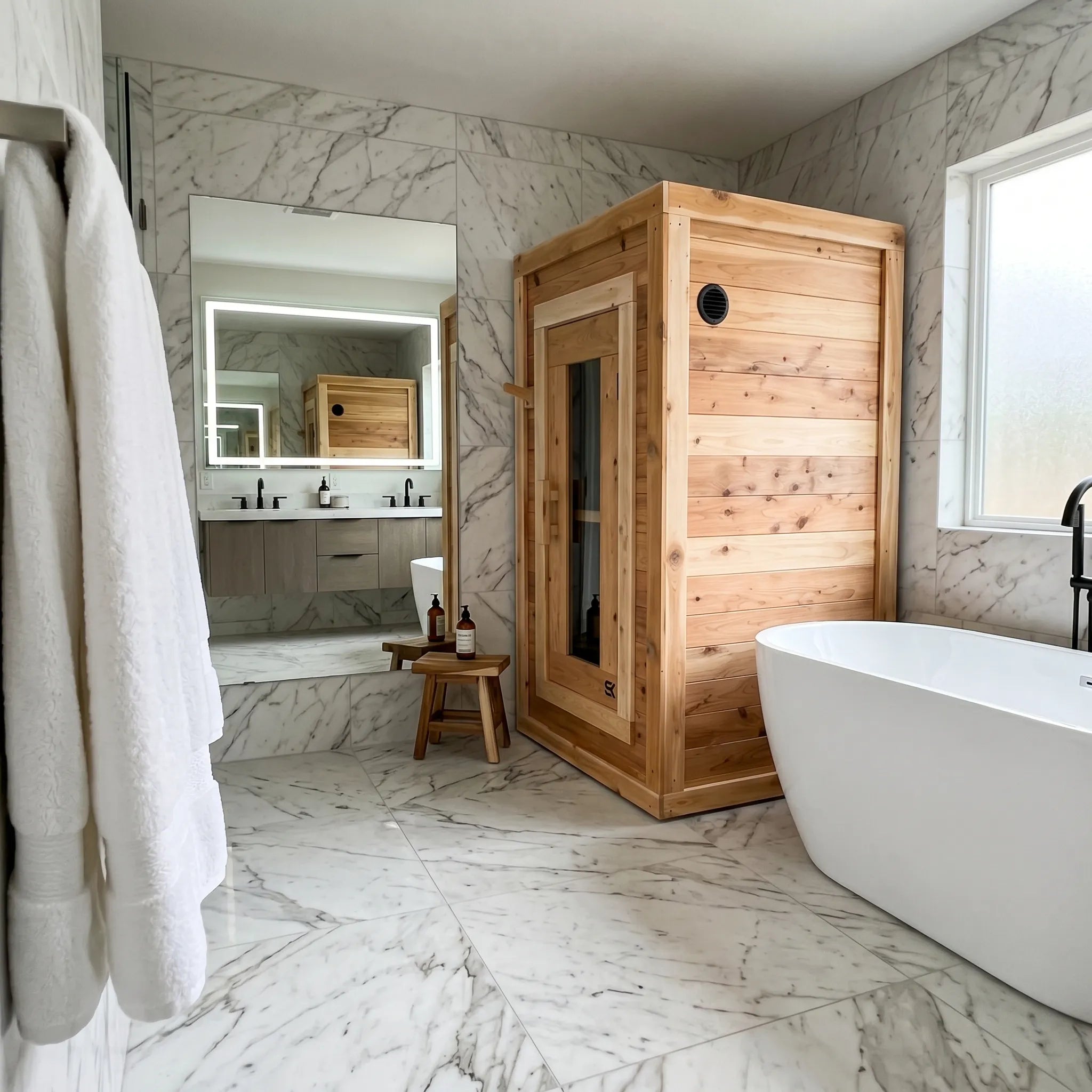 The Sweat Box one-person red cedar sauna installed in a marble bathroom beside a freestanding tub.
