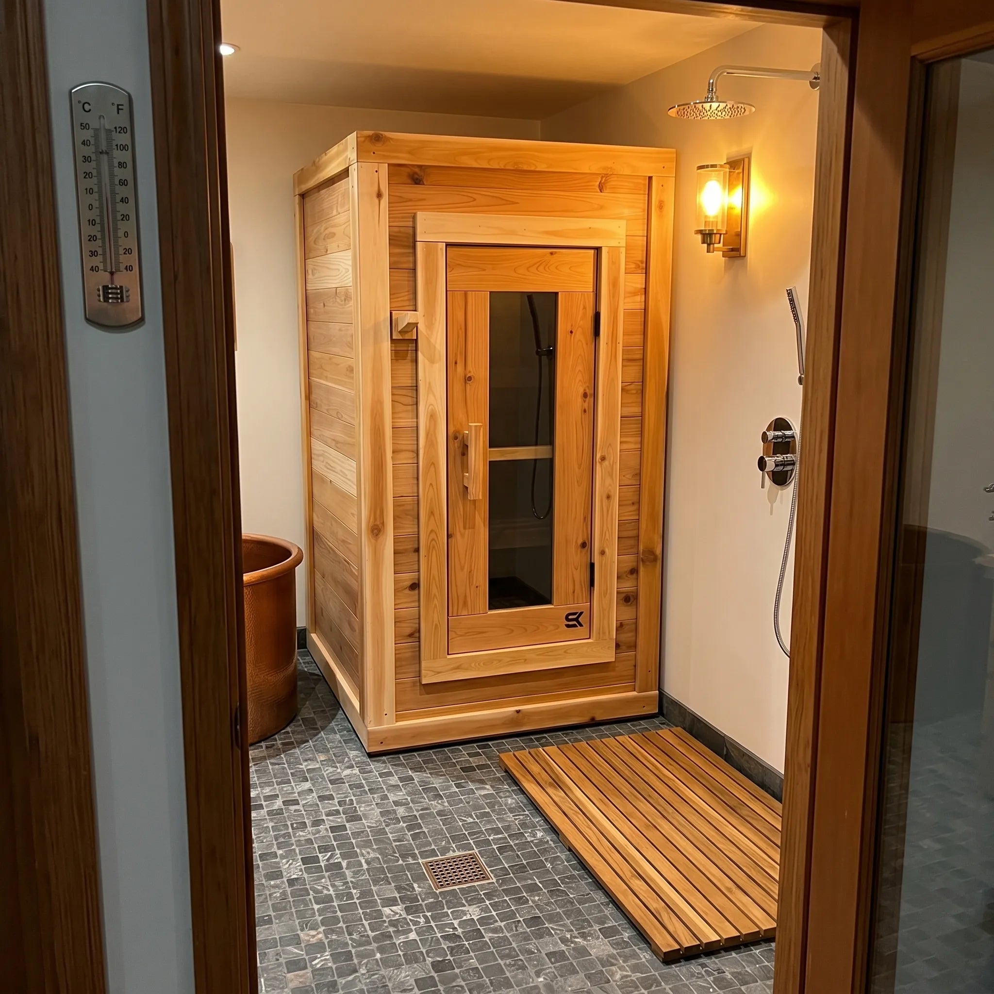 The Sweat Box red cedar sauna inside a wet room with shower fixtures and cedar floor mat.