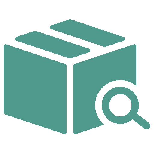 Green icon of a box with a magnifying glass on a white background meaning track order