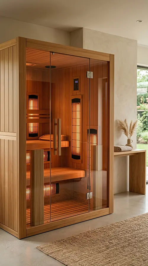 Traditional indoor home sauna with wood benches, an electric stone heater, and a full glass front beside a large window.