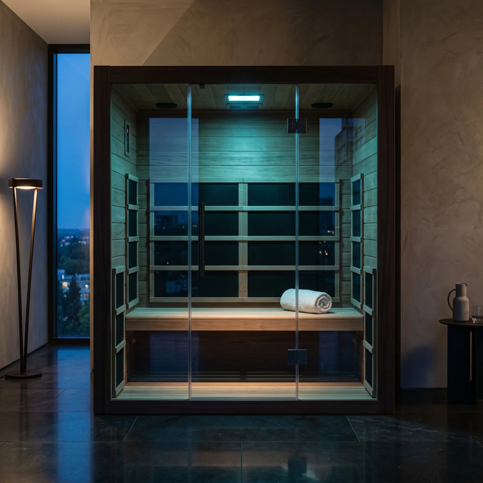 Ultra low EMF infrared sauna, a glass front cabin with teal interior lighting and a city skyline view at night