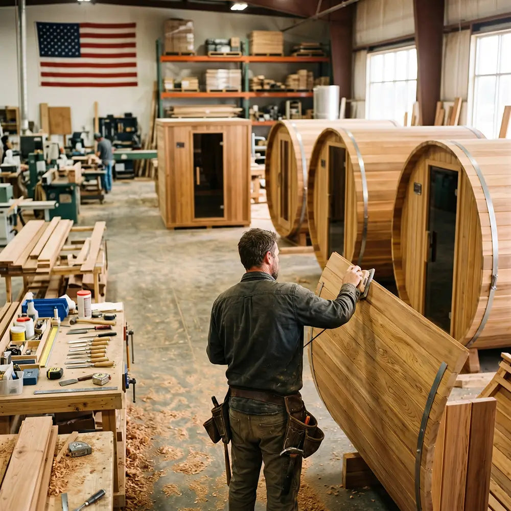 American Worker assembling a wooden sauna inside a workshop with multiple barrel saunas in the background, surrounded by tools, lumber, and woodworking equipment.