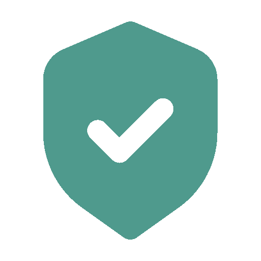 Blue shield icon with a white check mark on a white background meaning warranty